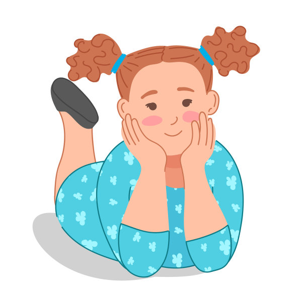 小女孩俯卧着，用手托着头，摇晃着腿。孩子的插图，谁是热情地听某人。孤立的插图在白色背景图片下载
