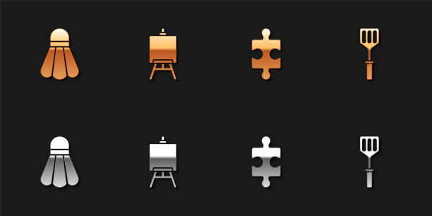 设置羽毛球羽毛球，画架或绘画艺术板，拼图和刮刀图标。向量图片下载