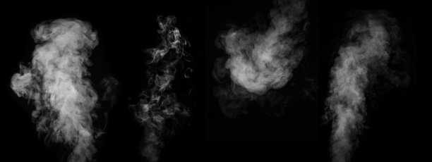 雾或烟设置孤立在黑色背景上。白色云，雾或烟雾背景。白色蒸汽喷雾蒸汽从空气饱和器。黑色背景上的烟雾碎片。图片下载