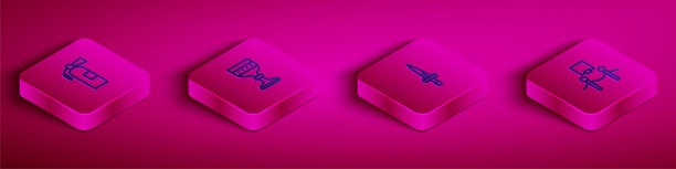 设置等距线灭火器，中世纪高脚杯，匕首和图片和绳索障碍图标。向量图片下载