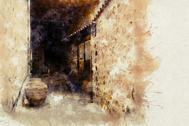 希腊一个小岛上的老城区里的水彩画街。希腊群岛迷人的街道。图片下载