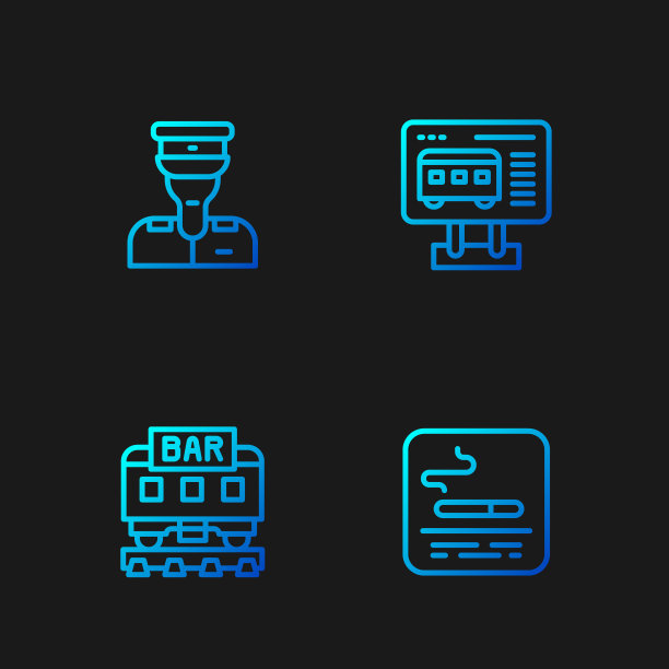 设置吸烟区、餐车、列车长和售票处购票。渐变颜色图标。向量图片下载