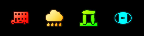 设置双层巴士，云与雨，巨石阵和橄榄球图标。向量图片下载