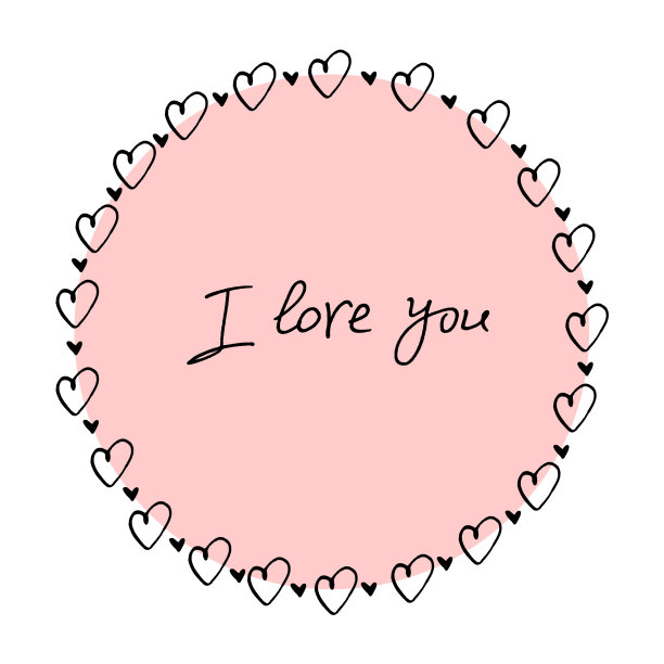 我爱你-手写的字母在圆形框架，边界从黑色轮廓的小心。浪漫符号，标题，背景，情人节装饰，卡片图片下载