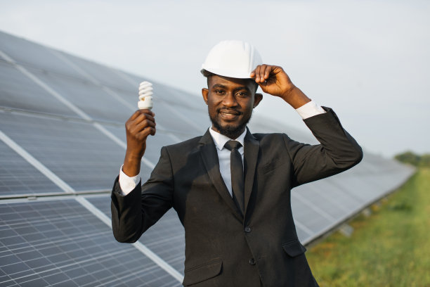 穿着西装的男人拿着灯泡站在太阳能站图片下载