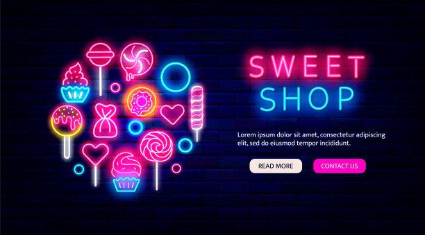 糖果店闪亮的登陆页面模板。糖果霓虹灯圈布局。商店的标志。向量股票插图图片下载