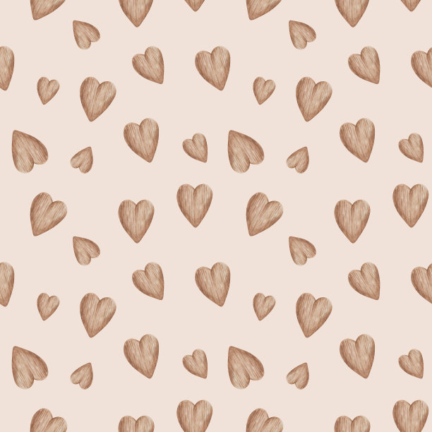 水彩无缝图案从手绘的棕色木制心与米色背景纹理插图。简单的图案印花面料，纺织品，包装纸，爱情请柬图片下载