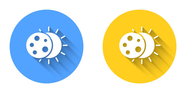 白色日蚀的太阳图标孤立与长阴影背景。总声纳eclipse。圆按钮。向量图片下载