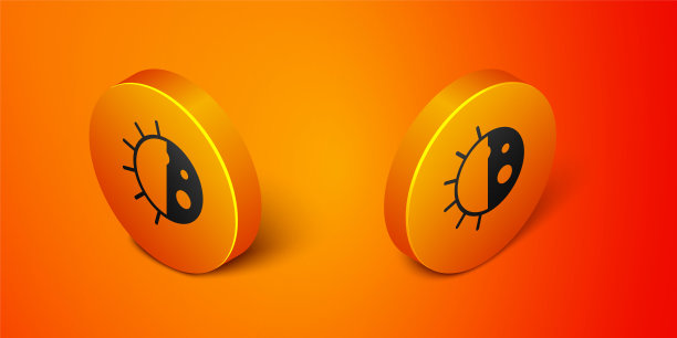 在橙色背景上隔离的等距昼夜循环图标。白天黑夜概念，太阳和月亮。橙色圆按钮。向量图片下载