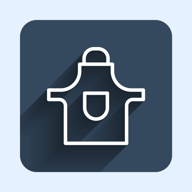 白线厨房围裙图标孤立与长阴影背景。厨师制服用于烹饪。蓝色方块按钮。向量图片下载