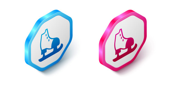 等距溜冰图标孤立在白色背景上。溜冰鞋图标。带刀片的运动靴。六角按钮。向量图片下载