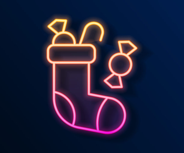 黑色背景上的发光霓虹灯圣诞袜矢量图标，节日快乐图片下载