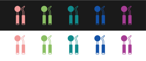 设置牙科检查镜和探针图标隔离在黑白背景上。Explorer标量。牙科检查工具。向量图片下载