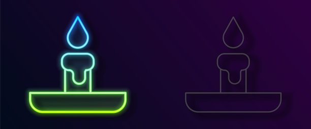 发光的霓虹灯线燃烧蜡烛在烛台图标孤立在黑色背景上。燃烧着火焰的圆柱形蜡烛棒。向量图片下载