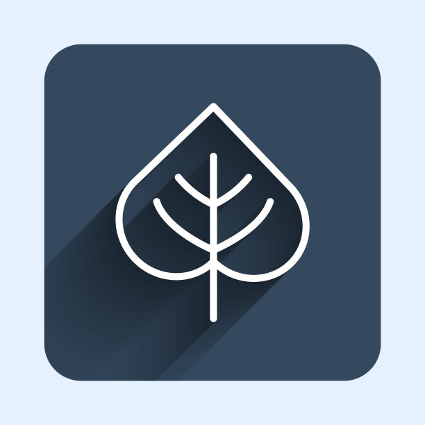 白线与长阴影背景孤立的叶子图标。叶子的迹象。清新自然的产品标志。蓝色方块按钮。向量图片下载