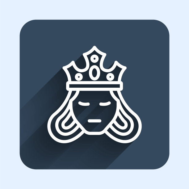 白线公主或女王戴着她的皇冠图标孤立与长阴影背景。中世纪的夫人。蓝色方块按钮。向量图片下载