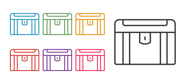 设置线古董宝箱图标孤立在白色背景上。带金币的老式木箱。设置图标丰富多彩。向量图片下载