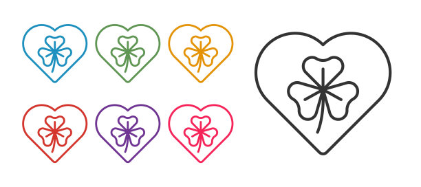 设置线心三叶草三叶图标孤立在白色背景上。圣帕特里克节快乐。爱尔兰国家假日。设置图标丰富多彩。向量图片下载
