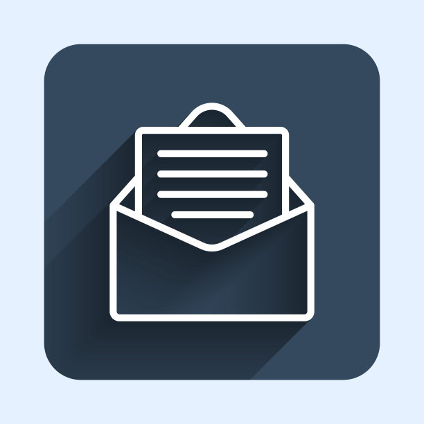 白线信封与圣诞派对邀请卡图标孤立与长阴影背景。圣诞快乐，恭贺新禧。蓝色方块按钮。向量图片下载