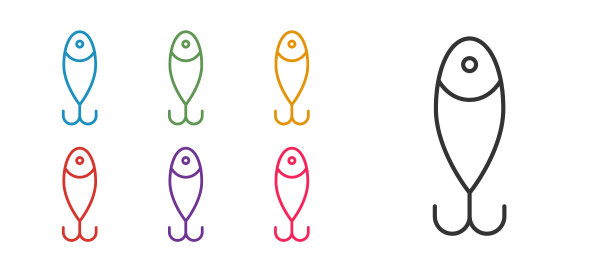 设置线钓诱饵图标孤立在白色背景上。渔具。设置图标丰富多彩。向量图片下载