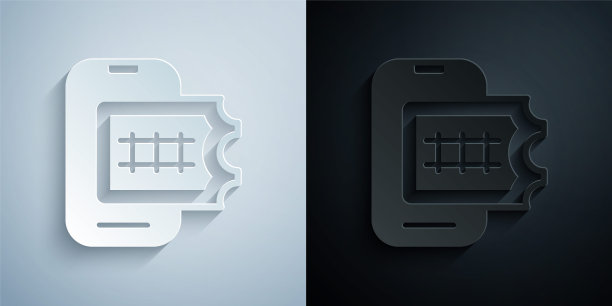 剪纸网上订票和购买应用程序界面图标孤立的灰色和黑色背景。代理商手中排序。屏幕上的电子火车票。纸艺术风格。向量图片下载