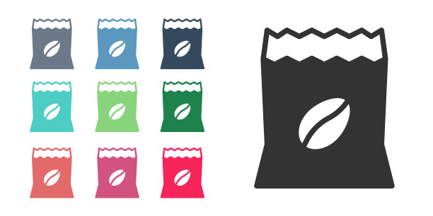 黑色袋子的咖啡豆图标孤立在白色背景上。设置图标丰富多彩。向量图片下载