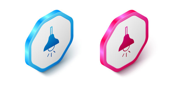 等距灯悬挂图标孤立在白色背景上。吊顶灯的灯泡。六角按钮。向量图片下载