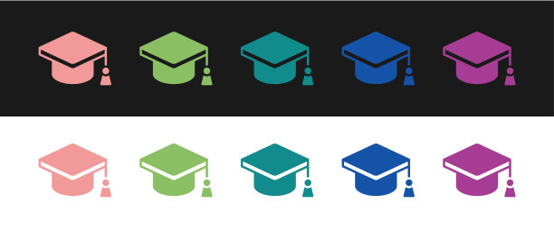 设置毕业帽图标孤立在黑白背景上。毕业帽与流苏图标。向量图片下载