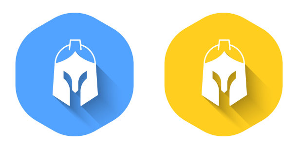 白色罗马军队头盔图标孤立与长阴影背景。圆按钮。向量图片下载