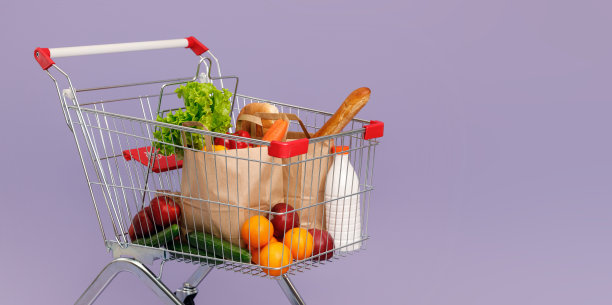 购物车里装满了各种各样的产品。孤立概念形象的购物与复制空间。图片下载