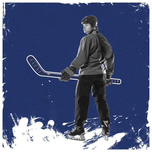 当代艺术拼贴。现代设计。年轻的女运动员，职业冰球运动员在蓝色的背景下孤立地摆姿势图片下载