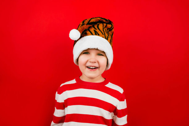 可爱的蹒跚学步的小男孩，戴着红色背景上老虎颜色的圣诞帽。2022年中国新年老虎下动物。图片下载