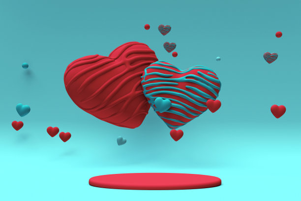 3D浪漫构成圣瓦伦丁节红蓝色背景与讲台和糖果心形状。图片下载