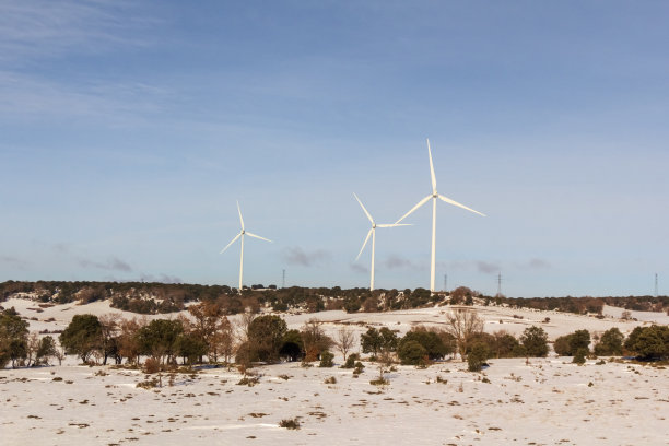 西班牙斐洛必纳风暴期间，乡村雪天的风车照片图片下载
