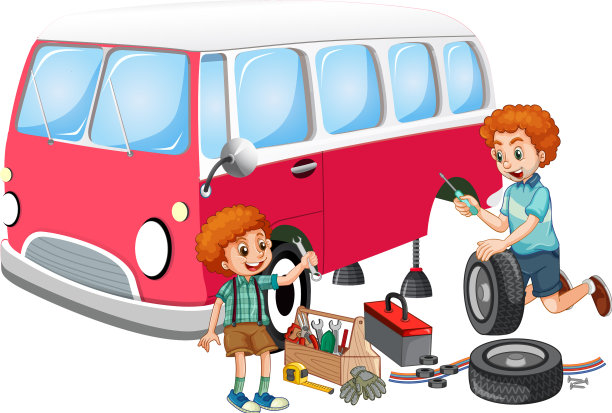 爸爸和儿子一起在白色上修车图片下载