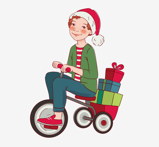可爱的孩子骑自行车。有趣的男孩玩得很开心。圣诞插图矢量概念图片下载