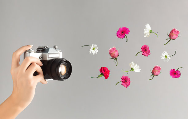 花的组成与彩色的花和灰色背景上的旧相机。复古情人节或3月8日的背景。图片下载