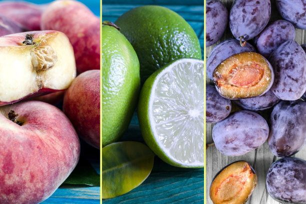 拼贴明亮的图片柑桔和水果。李子，桃子和酸橙，一组特写照片图片下载