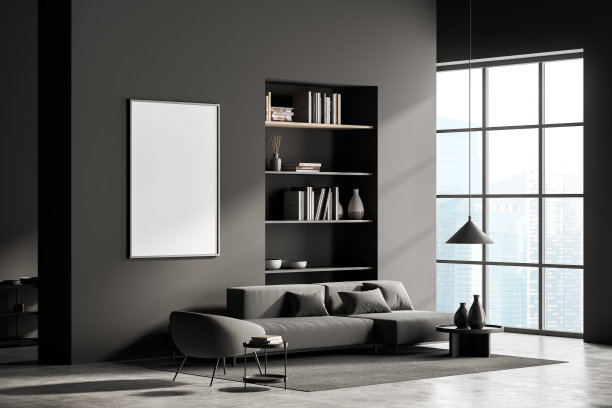 黑暗的客厅内部与空的白色海报，沙发，扶手椅图片下载