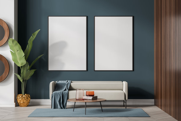 蓝色客房内部有沙发和咖啡桌，海报模型图片下载