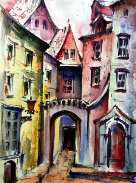 水彩彩色明亮纹理抽象背景手工制作。地中海风景。古城建筑和植被的绘画图片下载