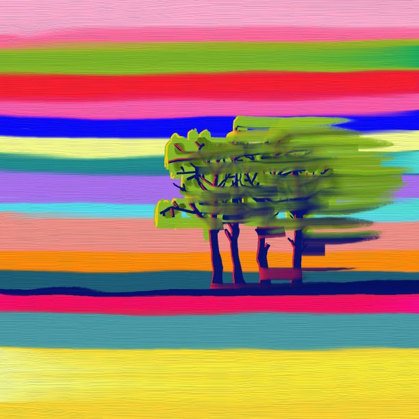 手绘印象派，户外风景画。抽象色彩油画在画布上风景画。丙烯酸抽象的树和田野的颜色与蓝色的天空。油画风景，色彩斑斓的树木。图片下载