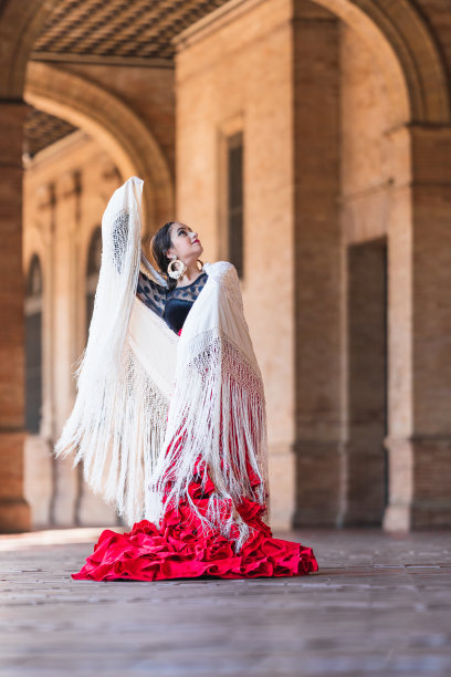 一个穿着红色弗拉门戈舞的女人在户外跳舞的垂直照片图片下载