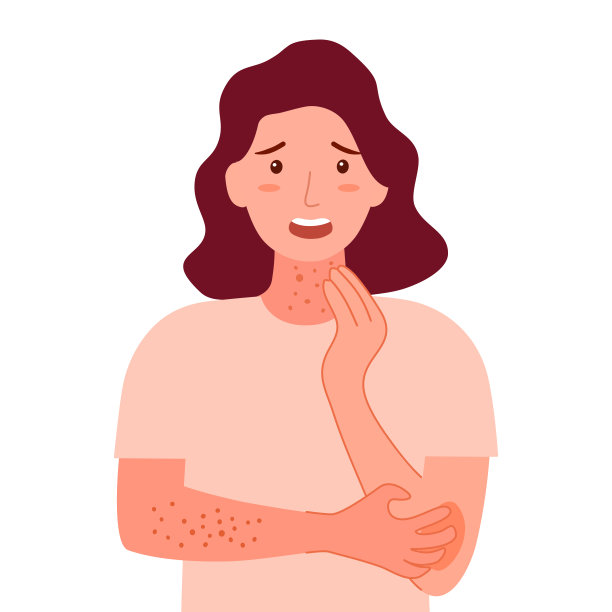 年轻女子抓着自己的脖子和胳膊。女性遭受强烈的过敏皮肤瘙痒症状在平面设计。红疹皮肤刺激。图片下载