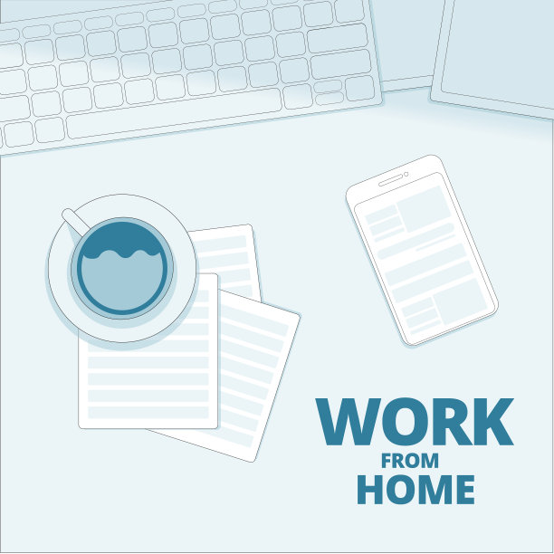 一杯咖啡放在纸上，智能手机和键盘放在柔和的蓝色桌面背景上。概念呆在家里或工作在家。矢量插画家。平的风格。矢量插画家。图片下载