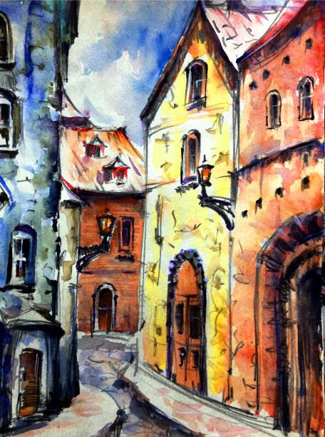 水彩彩色明亮纹理抽象背景手工制作。地中海风景。古城建筑和植被的绘画图片下载