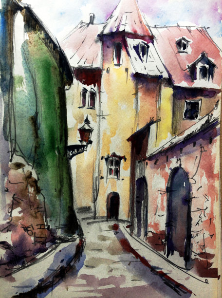 水彩彩色明亮纹理抽象背景手工制作。地中海风景。古城建筑和植被的绘画图片下载