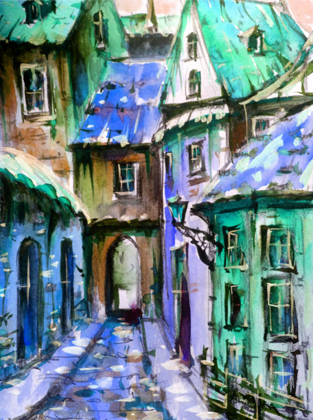 水彩彩色明亮纹理抽象背景手工制作。地中海风景。古城建筑和植被的绘画图片下载