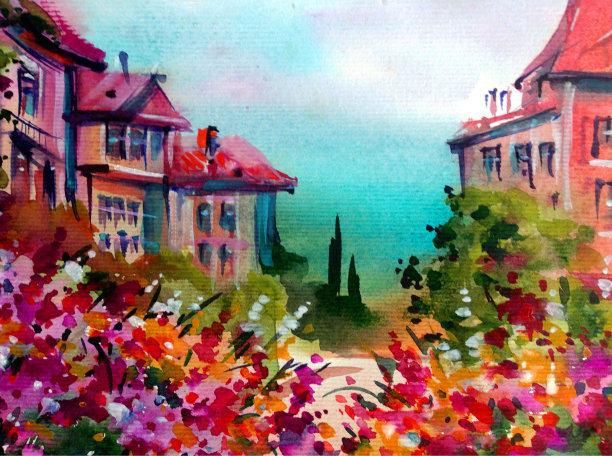 水彩彩色明亮纹理抽象背景手工制作。地中海风景。古城建筑和植被的绘画图片下载