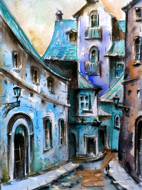 水彩彩色明亮纹理抽象背景手工制作。地中海风景。古城建筑和植被的绘画图片下载